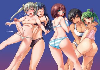 1girl 4futa aihara_ai asakura_mao ass black_bra black_hair black_panties blonde_hair blue_eyes blue_hair blush bosshi bra breasts brown_eyes brown_hair butt_crack closed_eyes erection futabu futanari glasses green_eyes green_hair hair_ribbon hug huge_penis itou_aya jpeg_artifacts large_breasts large_penis loli long_hair looking_at_viewer medium_breasts multiple_futa multiple_girls niimura_akane oohashi_akiko panties panty_pull penis pink_background ponytail pussy ribbon short_hair sleepwear small_breasts smile striped_clothes striped_panties topless_female twintails uncensored underwear underwear_only white_panties yellow_eyes