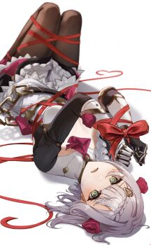 1girl absurdres armor armored_dress ascot bound bound_legs bound_wrists braid braided_bangs breasts commentary_request dress flower gauntlets genshin_impact green_eyes grey_hair hair_flower hair_ornament highres kyanonpan50 looking_at_viewer lying noelle_(genshin_impact) on_back pantyhose red_ascot red_flower red_rose rose solo