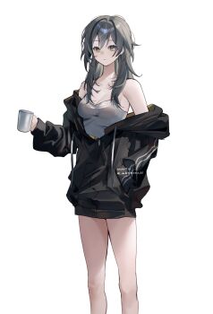 1girl artist_name black_jacket breasts cleavage collarbone cowboy_shot cup grey_hair hair_between_eyes highres holding holding_cup honkai:_star_rail honkai_(series) jacket long_hair looking_at_viewer parted_lips sidelocks simple_background solo stelle_(honkai:_star_rail) trailblazer_(honkai:_star_rail) twitter_username white_background yellow_eyes yukiusagi_(snowrabbit0508)