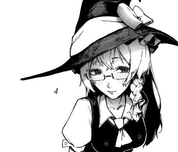 1girl bespectacled blush bow braid commentary glasses greyscale hair_bow hat hat_bow heart highres kirisame_marisa long_hair monochrome powocy puffy_short_sleeves puffy_sleeves short_sleeves side_braid single_braid smile solo touhou witch_hat