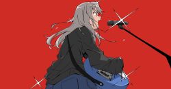 Rule 34 | 1girl, black sweater, blue shorts, cowboy shot, diffraction spikes, girls band cry, grey eyes, grey hair, highres, kawaragi momoka, long hair, microphone, open mouth, playing guitar, red background, shorts, solo, sweater, teeth, upper teeth only, waaa0039