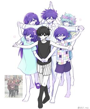 Rule 34 | 2girls, 4boys, antenna hair, arm up, artist name, aubrey (headspace) (omori), aubrey (omori), barefoot, basil (headspace) (omori), basil (omori), black eyes, black hair, black shorts, black socks, black tank top, blue overalls, blue pajamas, blue pants, blue shirt, blush, bow, brother and sister, brothers, checkered clothes, closed eyes, closed mouth, collarbone, collared pajamas, colored skin, commentary, double-parted bangs, expressionless, flower, flower wreath, green eyes, green hair, green shirt, grin, hair between eyes, hair bow, hashtag-only commentary, head wreath, hero (headspace) (omori), hero (omori), highres, holding hands, interlocked fingers, kel (headspace) (omori), kel (omori), kneehighs, long hair, long shirt, long sleeves, looking at another, looking at viewer, mari (headspace) (omori), mari (omori), multiple boys, multiple girls, omori, omori (omori), one eye closed, open mouth, overall shorts, overalls, pajamas, pants, photo-referenced, pink bow, purple eyes, purple hair, purple shorts, purple sweater vest, reference inset, salt xs2, shirt, short hair, short sleeves, shorts, siblings, sidelocks, smile, socks, striped clothes, striped pajamas, striped pants, striped shorts, sweatdrop, sweater vest, t-shirt, tank top, teeth, tongue, twitter username, two-tone pajamas, two-tone pants, two-tone shorts, upper teeth only, vertical-striped clothes, vertical-striped pajamas, vertical-striped pants, vertical-striped shorts, white pajamas, white pants, white shirt, white shorts, white skin