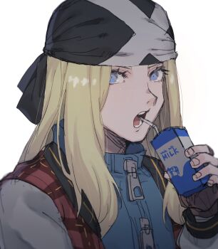 1boy axl_low bandana black_gloves blonde_hair blue_eyes blue_shirt collared_shirt drink_carton drinking_straw drinking_straw_in_mouth eyelashes fingerless_gloves gloves guilty_gear guilty_gear_strive highres holding holding_milk_carton jacket kometubu0712 long_hair long_sleeves looking_at_viewer male_focus milk_carton open_clothes open_jacket open_mouth shirt simple_background solo teeth tongue white_background zipper_pull_tab