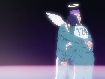 Rule 34 | 2boys, angel, black hair, blood, blood on clothes, blood on hands, bloom, buzz cut, feathered wings, feet out of frame, green track suit, halo, hashtag-only commentary, highres, hug, leaning forward, male focus, mini wings, multiple boys, nam-gyu, print shirt, purple hair, shirt, short hair, squid game, thanos (squid game), track suit, uxjaw9kk7171352, very short hair, white wings, wings