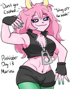 1girl absurdres acidart artist_name ashido_mina black_sclera boku_no_hero_academia breasts cleavage colored_sclera colored_skin cosplay female_focus highres horns marina_(splatoon) marina_(splatoon)_(cosplay) nintendo pink_hair pink_skin solo splatoon_(series) yellow_eyes yellow_horns