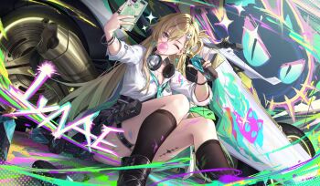 1girl absurdres aqua_necktie bantish black_nails black_skirt black_socks blonde_hair blowing_bubble_gum breasts cellphone character_name chewing_gum cleavage commentary earrings fingernails hair_between_eyes hair_ornament headphones headphones_around_neck highres holding holding_phone holding_spray_can jewelry knees_up long_hair lynae_(wuthering_waves) medium_breasts motor_vehicle motorcycle nail_polish necktie one_eye_closed phone purple_eyes selfie shirt shirt_tucked_in sitting skirt skull_hair_ornament smartphone socks solo spray_can star_(symbol) star_earrings tacet_mark_(wuthering_waves) thigh_strap v white_shirt wuthering_waves