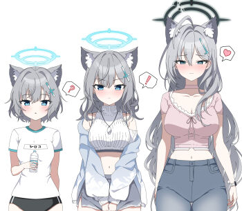 ! 3girls :o ? absurdres alternate_costume animal_ear_fluff animal_ears black_buruma blue_archive blue_eyes blue_halo blue_jacket blush bottle breasts broken_halo buruma cleavage closed_mouth cropped_shirt cropped_sweater cross_hair_ornament dolphin_shorts extra_ears grey_hair grey_pants grey_shorts hair_behind_ear hair_between_eyes hair_ornament halo heart high-waist_pants highres holding holding_bottle jacket large_breasts long_hair medium_breasts multiple_girls navel nyaruin open_clothes open_jacket pants pink_shirt shiroko_(blue_archive) shiroko_(young)_(blue_archive) shiroko_terror_(blue_archive) shirt short_hair short_sleeves shorts sleeveless sleeveless_turtleneck spoken_heart stomach sweater t-shirt turtleneck turtleneck_sweater water_bottle white_shirt white_sweater wolf_ears wolf_girl