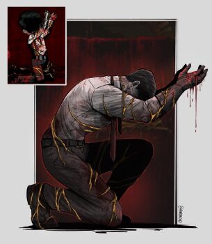 Rule 34 | 1boy, 4indroid, arms up, belt, black hair, black pants, blood, blood drip, colored skin, commentary, death, english commentary, gauntlets, grey skin, head bowed, highres, limbus company, long sleeves, male focus, meursault (project moon), necktie, on one knee, pants, project moon, red necktie, reference inset, shaded face, shirt, solo, spiral of contempt, twitter username, white shirt