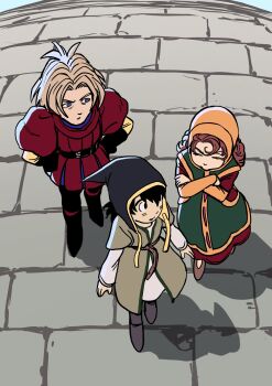 Rule 34 | 1girl, 2boys, belt, brown hair, commentary request, curly hair, dragon quest, dragon quest vii, dress, full body, green dress, hat, hero (dq7), highres, hood, kiefer, long hair, maribel (dq7), multiple boys, orange bonnet, uranagi (uranaginasi), walking