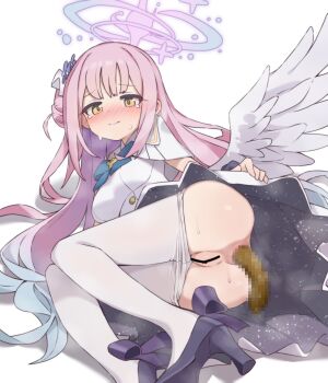 1girl :d ^^^ aku0 anus ass ass_focus bar_censor black_shoes blue_archive blue_bow blue_bowtie blue_hair blue_halo blush blush_visible_through_hair bow bowtie breasts buttons censored closed_mouth clothes_pull collared_dress commentary crying crying_with_eyes_open dark_anus defecating dilated_pupils dress embarrassed feathered_wings flower foot_out_of_frame footwear_bow foreshortening gold_buttons gradient_hair grimace hair_behind_ear hair_bun hair_flower hair_ornament hair_spread_out halo high_heels highres knees_together_feet_apart long_hair lying mika_(blue_archive) mosaic_censoring multicolored_hair no_panties nose_blush on_side open_mouth pantyhose pantyhose_pull perineum petite pink_hair pink_halo pleated_dress puckered_anus purple_bow purple_flower pussy scat shadow shoes short_dress short_sleeves side_ahoge sidelocks simple_background single_side_bun small_breasts smile solo steaming_body surprised sweat tareme tears tongue two-sided_dress two-sided_fabric two-tone_hair very_long_hair wavy_hair white_background white_dress white_pantyhose white_wings wings yellow_eyes