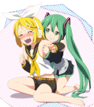 2girls aqua_eyes aqua_hair barefoot black_skirt blonde_hair blush breasts errant fang grin hair_ornament hair_ribbon hatsune_miku headphones kagamine_rin laughing long_hair miniskirt multiple_girls open_mouth pleated_skirt ribbon short_hair shorts sideboob sitting skirt smile tears tickle_torture tickling tickling_armpits twintails very_long_hair vocaloid