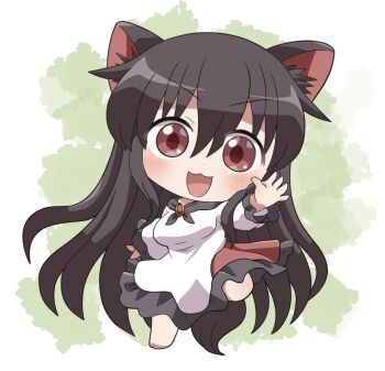 1girl :3 :d animal_ears barefoot blush breasts brooch chibi chibi_only commentary_request dress full_body hair_between_eyes imaizumi_kagerou jewelry long_sleeves looking_at_viewer open_mouth red_dress red_hair rokugou_daisuke smile solo standing standing_on_one_leg tail touhou two-tone_dress white_dress wolf_ears wolf_girl wolf_tail