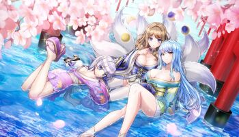1girl 3girls aqua_kimono ass azur_lane bare_shoulders blue_eyes blue_hair blue_kimono braid breasts brown_hair cherry_blossoms cleavage closed_mouth collarbone cosplay dolphin_wave fake_tail feet_up fox_tail game_cg hair_intakes highres japanese_clothes kimono large_breasts long_hair looking_at_viewer lying multiple_girls nayuki_hiori non-web_source official_art on_stomach ootomo_takuji platform_clogs purple_eyes purple_hair purple_kimono red_eyes schnee_weissberg shallow_water shinano_(azur_lane) shinano_(azur_lane)_(cosplay) skirt smile suminoe_shion tail thighhighs torii water white_thighhighs