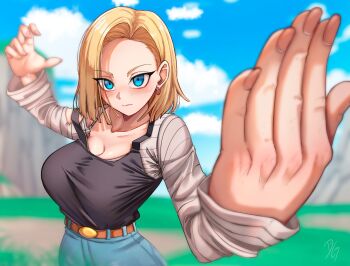 1girl absurdres android_18 belt black_vest blonde_hair blue_eyes blue_skirt blue_sky blurry blurry_background breasts brown_belt cleavage closed_mouth cloud collarbone commentary day denim denim_skirt dilan_griz dragon_ball dragonball_z earrings english_commentary fingernails grey_shirt highres jewelry large_breasts long_sleeves looking_at_viewer outdoors parted_hair shirt short_hair skirt sky solo striped_clothes striped_shirt upper_body vest