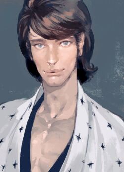 1boy ally_(thorn) black_hair commentary_request grey_eyes highres ishikawa_goemon_xiii japanese_clothes kimono looking_at_viewer lupin_iii male_focus samurai short_hair simple_background smile solo