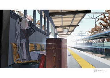 1girl absurdres arm_up asymmetrical_sleeves basasyu black_gloves black_jacket black_ribbon boots chair coordinates fingerless_gloves gloves grey_hair hair_over_one_eye hair_ribbon highres isekaijoucho jacket kamitsubaki_studio letterboxed on_chair outdoors real_world_location red_boots red_eyes ribbon shorts single_glove sitting solo train_station translation_request uneven_sleeves virtual_youtuber white_shorts