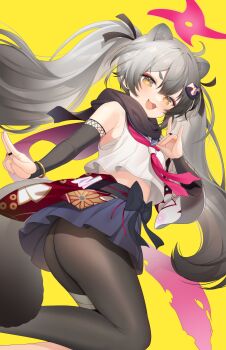 1girl :3 :d absurdres animal_ears ass bare_shoulders black_pantyhose black_scarf blue_archive blue_skirt blush brown_eyes commentary day extra_ears fang fox_shadow_puppet gradient_hair grey_hair hair_between_eyes halo highres kooriais kuji-in long_hair looking_at_viewer michiru_(blue_archive) miniskirt multicolored_hair neckerchief ninja open_mouth pantyhose pink_halo pink_neckerchief pleated_skirt raccoon_ears raccoon_girl raccoon_hair_ornament raccoon_tail scarf short_eyebrows simple_background skirt smile solo tail thick_eyebrows twintails v-shaped_eyebrows yellow_background