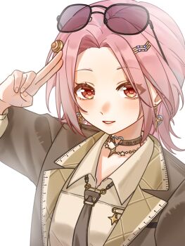 1girl black-framed_eyewear black_choker blazer brown_eyes brown_jacket brown_necktie brown_shirt chinese_commentary choker collared_jacket collared_shirt commentary_request earrings eyelashes eyes_visible_through_hair eyewear_on_head fengyewuguichu fingernails four-pointed_star hair_ornament hairclip hand_on_own_head happy heart heart_earrings heart_hair_ornament heart_o-ring highres infinity_nikki jacket jewelry lapels layered_sleeves light_blush lipstick long_sleeves looking_at_viewer makeup medium_hair necklace necktie nikki_(nikki) nikki_(series) notched_lapels o-ring o-ring_choker open_clothes open_jacket paperclip parallel_hairclips parted_lips pink_hair pink_lips shirt simple_background smile snail_hair_ornament snail_message_(infinity_nikki) solo star_(symbol) star_earrings star_necklace studded_choker sunglasses upper_body white_background