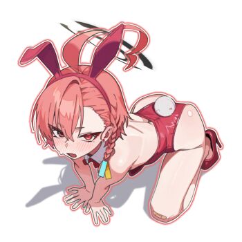 1girl absurdres ahoge all_fours animal_ears ass black_halo blue_archive blush braid fake_animal_ears fake_tail halo highres leotard looking_at_viewer neru_(blue_archive) neru_(bunny)_(blue_archive) official_alternate_costume open_mouth playboy_bunny rabbit_ears rabbit_tail red_eyes red_hair red_leotard rehu_(astd5787) simple_background single_braid tail white_background