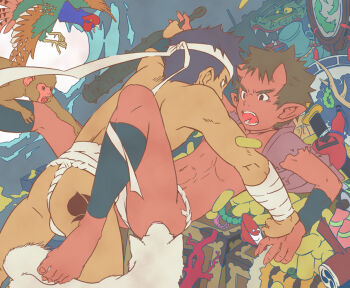 2boys abs ass black_hair blue_hair brown_eyes child club_(weapon) demon demon_boy fangs fundoshi headband horns japanese_clothes male_focus monkey multiple_boys muscular original topless_male spiked_club tan tattoo torn_clothes underwear weapon yaoi zungo