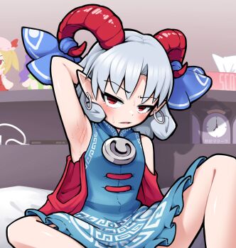 1girl alarm_clock arm_behind_head arm_out_of_sleeve arm_up armpits bare_shoulders blue_dress blush clip_studio_paint_(medium) clock commentary_request curled_horns detached_sleeves dress earrings frown grey_hair highres hoop_earrings horn_ornament horn_ribbon horns indoors jewelry knee_up looking_at_viewer making-of_available parted_bangs pointy_ears presenting_armpit red_eyes red_horns red_sleeves ribbon sheep_horns short_hair sitting sleeveless sleeveless_dress smell solidus_(sword_cube) solo sweat textless_version touhou toutetsu_yuuma v-shaped_eyebrows variant_set