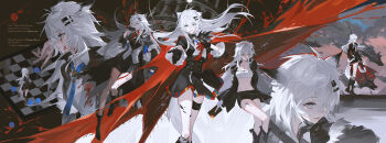 1girl absurdres ahoge animal_ears arknights black_gloves black_jacket black_shorts black_skirt blood blood_on_face chessboard chinese_commentary commentary_request floating_hair gloves grey_eyes hair_ornament hairclip highres jacket lappland_(arknights) lappland_(refined_horrormare)_(arknights) lappland_the_decadenza_(arknights) long_hair material_growth meng_ziya multiple_views offering_hand open_mouth oripathy_lesion_(arknights) scar scar_across_eye scar_on_face shirt shorts skirt stomach tail thigh_strap white_hair white_shirt wolf_ears wolf_girl wolf_tail