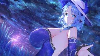 1girl absurdres animal_ears artist_request black_ribbon blue_dress blue_eyes blue_hair blue_horns blue_sleeves breasts closed_mouth cow_ears cow_horns detached_sleeves dress earrings hair_ribbon hat highres horns horns_through_headwear indie_virtual_youtuber jewelry large_breasts miilkywayz mole mole_under_eye mole_under_mouth night night_sky ribbon shooting_star sky solo sparkling_eyes star_(sky) upper_body virtual_youtuber white_hat