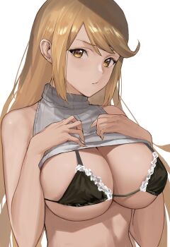 1girl bare_shoulders bikini bikini_under_clothes black_bikini blonde_hair blush breasts cleavage clothes_lift female_focus highres j@ck large_breasts long_hair looking_at_viewer maid maid_bikini matching_hair/eyes mythra_(xenoblade) shirt shirt_lift sidelocks sleeveless sleeveless_shirt solo swept_bangs swimsuit turtleneck unconventional_maid underboob white_shirt xenoblade_chronicles_(series) xenoblade_chronicles_2 yellow_eyes