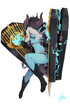 1girl black_boots black_jacket blue_fire blue_skin boots chain coffin colored_skin commentary etrian_odyssey fire flat_chest grey_hair grin hair_over_one_eye highres hood hood_up hooded_jacket horned_hood horns jacket lansane looking_at_viewer necromancer_(sekaiju) necromancer_2_(sekaiju) pointy_ears red_eyes scar scar_on_chest scar_on_face scar_on_leg sekaiju_no_meikyuu sekaiju_no_meikyuu_5 simple_background smile solo white_background