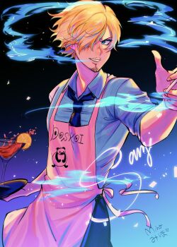 1boy apron black_necktie blonde_hair blue_eyes blue_shirt character_name cigarette collared_shirt commentary curly_eyebrows english_commentary facial_hair goatee gradient_background hair_over_one_eye highres holding holding_cigarette looking_to_the_side male_focus mih0 mustache necktie one_piece pink_apron sanji_(one_piece) shirt short_hair smile solo
