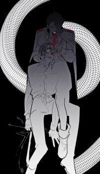 1boy 1girl boots cigarette_burn coat coat_on_shoulders collared_shirt glasses greyscale gubo_(project_moon) hermann_(project_moon) highres lapels limbus_company long_hair medium_hair monochrome necktie notched_lapels open_mouth pants project_moon red_eyes red_necktie round_eyewear saliva shirt shoes sitting smile snake spot_color sweat tama_launcher tongue tongue_out vest