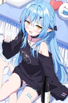 1girl :d absurdres bandaid bandaid_on_leg barefoot belt black_choker black_sweater blue_hair blush bottle choker collarbone cup dot_nose drinking_glass elf full_body hair_between_eyes hashtag-only_commentary highres holding holding_cup hololive kaie long_hair long_sleeves looking_at_viewer off_shoulder open_mouth pointy_ears sidelocks single_bare_shoulder sitting smile solo sweater thigh_belt thigh_strap virtual_youtuber yellow_eyes yukihana_lamy