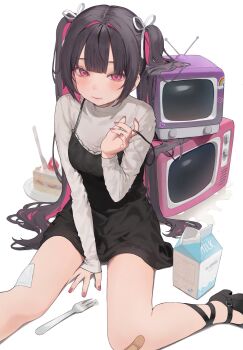 1girl bandaid bandaid_on_leg black_dress black_footwear blush cake closed_mouth colored_inner_hair commentary crt dress drink_carton food fork grey_shirt hair_ribbon hair_spread_out hamunezuko_(nezukonezu32) hand_up highres knife long_hair long_sleeves looking_at_viewer milk_carton multicolored_hair nail_polish original pinafore_dress pink_eyes pink_hair pink_nails ribbon shirt sleeveless sleeveless_dress solo strap_slip symbol-only_commentary twintails white_background white_ribbon