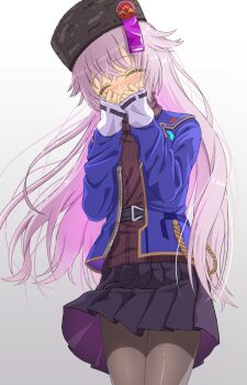 Rule 34 | 1girl, ^ ^, adapted costume, belt, black belt, black hat, black skirt, blue jacket, blush, brown pantyhose, brown sweater, charlotta skopovskaya, closed eyes, clothes lift, colored inner hair, commentary, covered mouth, cowboy shot, floating hair, grey hair, hair between eyes, hands up, happy, hat, heaven burns red, highres, jacket, long hair, miniskirt, mochimugi rice, multicolored hair, nose blush, open clothes, open jacket, pantyhose, pink hair, pleated skirt, simple background, skirt, skirt lift, sleeves past wrists, smelling, smelling clothes, solo, sweater, upskirt, very long hair, white background, wind, wind lift