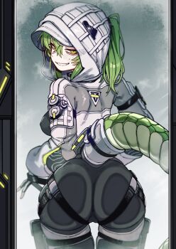 Rule 34 | 1girl, against fourth wall, against wall, arknights, arknights: endfield, ass, ass focus, ass press, backboob, blush, bodysuit, breasts, buckle, cameltoe, covered erect nipples, evil smile, fingerless gloves, fluorite (arknights), gloves, green hair, hood, hoodie, huge ass, jacket, karasu raven, large breasts, looking back, ponytail, reptile girl, sharp teeth, smile, suspenders, tail, teeth, yellow eyes