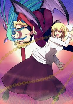 2girls anger_vein angry arcueid_brunestud ass bare_shoulders blonde_hair breasts chain cleavage cleavage_cutout closed_eyes clothing_cutout crossover darkstalkers fighting fighting_stance fingernails floating_hair green_eyes green_hair head_wings highres incoming_attack large_breasts leotard long_hair looking_at_another masatoshi_ikeda_(uug28aiuopy2six) morrigan_aensland multiple_girls pantyhose purple_skirt red_eyes short_hair sketch skirt smile sweater tsukihime turtleneck turtleneck_sweater wavy_hair white_sweater wide_hips wings