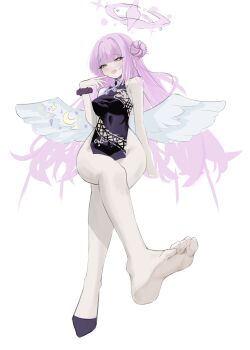 1girl :d absurdres armpit_crease bare_shoulders blunt_bangs blush breasts china_dress chinese_clothes cosplay dress feet foot_focus gluteal_fold hair_bun hair_intakes halo halterneck hand_up heart heart-shaped_pupils highres kisaki_(blue_archive) kisaki_(blue_archive)_(cosplay) large_breasts long_hair looking_at_viewer mika_(blue_archive) narrowed_eyes open_mouth pink_hair scrunchie sidelocks simple_background sitting smile solo symbol-shaped_pupils thighs toes white_background wide_hips wings wrist_scrunchie ye_he_yue yellow_eyes
