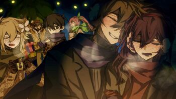 2girls 4boys alternate_costume alternate_hairstyle antenna_hair arms_up aubrey_(faraway)_(omori) aubrey_(omori) basil_(faraway)_(omori) basil_(omori) black_coat black_eyes black_gloves black_hair black_scarf blonde_hair blue_ribbon blush breath brown_coat brown_hair camera closed_eyes coat commentary double-parted_bangs earmuffs english_commentary flower gen_1_pokemon gloves green_scarf grin hair_between_eyes hair_flower hair_ornament hair_ribbon hashtag-only_commentary hero_(faraway)_(omori) hero_(omori) highres holding holding_camera kel_(faraway)_(omori) kel_(omori) long_hair long_sleeves lower_teeth_only mari_(faraway)_(omori) mari_(omori) multiple_boys multiple_girls omori open_mouth pink_coat pink_hair ponyta purple_scarf red_scarf ribbon scarf short_hair sidelocks smile sunny_(omori) teeth texiao_yao upper_teeth_only