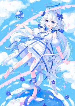 1girl :o ahoge angel angel_wings animal_ears bare_shoulders barefoot blue_bow blue_halo blue_ribbon blush bow cat_ears cat_girl cat_tail commentary_request detached_sleeves dress feathered_wings frilled_dress frills full_body hair_bow halo hand_up highres leg_ribbon long_hair low_twintails low_wings neck_ribbon open_mouth original ribbon short_sleeves sleeveless sleeveless_dress solo tail twintails watermark white_bow white_hair white_sleeves white_wings wings yutukicom