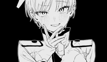 1girl absurdres blue_archive commentary_request gloves greyscale grin hanakonenne highres looking_at_viewer marina_(blue_archive) monochrome portrait short_hair simple_background slit_pupils smile solo tsurime