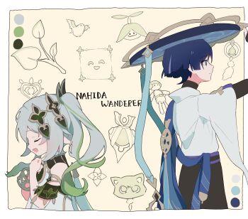 1boy 1girl ^_^ aranara_(genshin_impact) arm_up armlet asymmetrical_sidelocks back-to-back belt bird black_belt black_bridal_gauntlets black_hair black_shorts blue_cape blue_eyes blue_hat blue_jingasa blunt_ends bodysuit border bracelet branch bridal_gauntlets brown_background cape cat character_name closed_eyes closed_mouth colored_tips commentary_request core dendro_symbol_(genshin_impact) detached_sleeves doll dress eyelashes facing_to_the_side feathers finch from_side furisode gem genshin_impact gold gold_armlet gold_bracelet green_cape green_hair green_sleeves grey_hair hair_ornament hands_on_own_chest hat hatsuka_020 heart heart_hair_ornament height_difference highres japanese_clothes jewelry jingasa kimono long_hair looking_to_the_side multicolored_hair nahida_(genshin_impact) open_mouth own_hands_together pointy_ears pom_pom_(clothes) profile purple_rope purple_sash rope sash scaramouche_(cat)_(genshin_impact) scaramouche_(genshin_impact) short_sleeves shorts side_cape side_ponytail sidelocks sideways_mouth streaked_hair stuffed_toy turtleneck turtleneck_bodysuit vision_(genshin_impact) wanderer_(genshin_impact) white_border white_dress white_hair white_kimono white_sleeves
