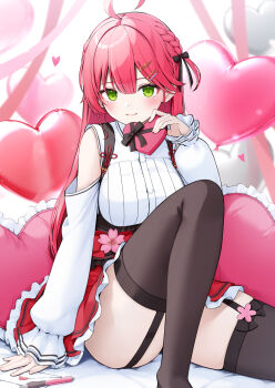 Rule 34 | 1girl, ahoge, balloon, bed sheet, black panties, black thighhighs, box, braid, breasts, closed mouth, clothing cutout, collared shirt, commentary request, convenient leg, double-parted bangs, garter straps, green eyes, hair between eyes, hair ornament, hairclip, hand up, heart-shaped box, heart balloon, highres, holding, holding box, hololive, knee up, large breasts, long hair, long sleeves, miniskirt, nyan (reinyan 007), official alternate costume, one side up, panties, panty peek, pink hair, pleated skirt, red skirt, sakura miko, sakura miko (casual), shirt, shoulder cutout, side braids, sitting, skirt, smile, solo, thighhighs, underwear, virtual youtuber, white shirt