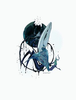 1other artist_name black_eyes broken_egg chinese_commentary commentary_request egg film_grain from_side full_body grey_cloak halftone halftone_background highres hightguy hollow_knight hollow_knight_(character) horns other_focus simple_background solo white_background