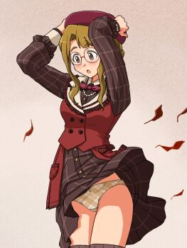 Rule 34 | 1girl, alternate hairstyle, beret, black-framed eyewear, black thighhighs, bow, bow panties, brown dress, brown eyes, brown hair, brown panties, clothes lift, collared dress, cowboy shot, crotch seam, dress, dress lift, frown, glasses, hair up, hands on headwear, hat, highres, idolmaster, idolmaster million live!, jewelry, leaf, lielos, medium hair, miyao miya, neck ribbon, necklace, open mouth, panties, pants, pantyshot, plaid clothes, plaid pants, purple hat, ribbon, round eyewear, short dress, skirt, skirt lift, solo, standing, thighhighs, underwear, wind, wind lift, yellow bow