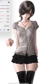 1girl arm_behind_back art_program_in_frame bingi black_skirt black_thighhighs breasts brown_hair collarbone cowboy_shot earrings expressionless frilled_shirt frilled_skirt frills hair_over_one_eye head_tilt highres jewelry looking_at_viewer miniskirt necklace one_eye_covered original parted_lips procreate_(medium) procreate_(software) purple_eyes sanpaku screencap self-harm_scar shirt short_hair short_sleeves skirt small_breasts solo standing straight_hair thighhighs white_shirt zettai_ryouiki