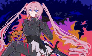 Rule 34 | 1girl, altea alessandrini, armor, assault lily, black shirt, blue background, blue eyes, breastplate, chinese commentary, closed mouth, colorful background, commentary request, crossed bangs, crossed legs, cuisses, feet out of frame, gatti love, gauntlets, greaves, hair between eyes, hair intakes, hair ornament, halloween, halloween costume, hand up, highres, holding, jack-o'-lantern, long hair, pauldrons, pink background, pink hair, purple background, shirt, shoulder armor, silhouette, sitting, smile, solo, sword, tombstone, twintails, very long hair, weapon