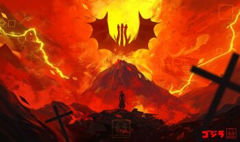 1boy alien artist_logo artist_name bird commentary cross crucifix dragon dragon_wings electricity energy english_commentary giant giant_monster godzilla:_king_of_the_monsters godzilla_(series) highres holding holding_sword holding_weapon hydra kaiju katana king_ghidorah legendary_pictures lightning logo long_hair maskoo185826 monster monsterverse mountain ponytail red_theme samurai silhouette sky space_monster sword tail toho volcano weapon wings yellow_lightning