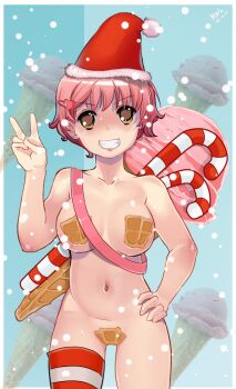 1girl artist_name belt border breasts brown_eyes candy candy_cane commentary convenient_censoring cowboy_shot dated english_commentary food grin hair_ornament hairclip hand_on_own_hip hat heart heart_hair_ornament ice_cream ice_cream_cone katawa_shoujo kola411 looking_at_viewer maebari mikado_shiina navel nude official_alternate_hair_length official_alternate_hairstyle pasties photo_background pink_hair red_hat santa_hat short_hair signature single_thighhigh smile snowing solo stomach strap striped_clothes striped_thighhighs teeth thighhighs timestamp two-tone_thighhighs v very_short_hair waffle waffle_cone white_border