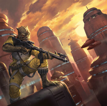 1boy alien bossk building city cloud gun highres holding holding_gun holding_weapon jumpsuit michalivan on_one_knee orange_sky outdoors reptile_boy reptilian rifle sharp_teeth sky skyscraper sniper solo star_wars teeth trandoshan weapon yellow_jumpsuit