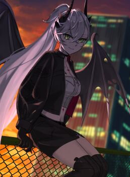 1girl ash81 black_hands black_jacket black_thighhighs body_markings breasts building chain-link_fence choker colored_extremities commentary_request crossed_bangs demon_girl demon_horns demon_wings ear_piercing fate/grand_order fate_(series) fence gradient_sky green_eyes grey_hair hair_between_eyes high_ponytail horns jacket lilith_(fate) lilith_(over_the_same_sky)_(fate) long_hair long_sleeves medium_breasts navel orange_sky piercing pointy_ears ponytail shirt sitting sky skyscraper smile solo thighhighs thighs twilight very_long_hair white_shirt wings